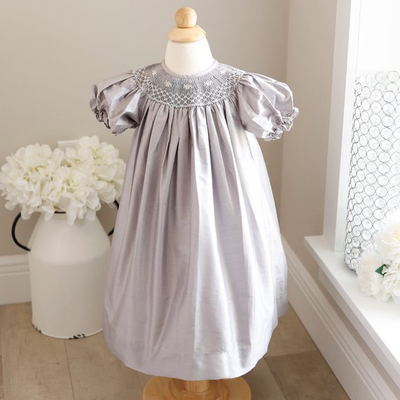 Silver Gray Silk Smocked Bishop Float Dress Embroidery Size 24 Month NWOT - Picture 1 of 5